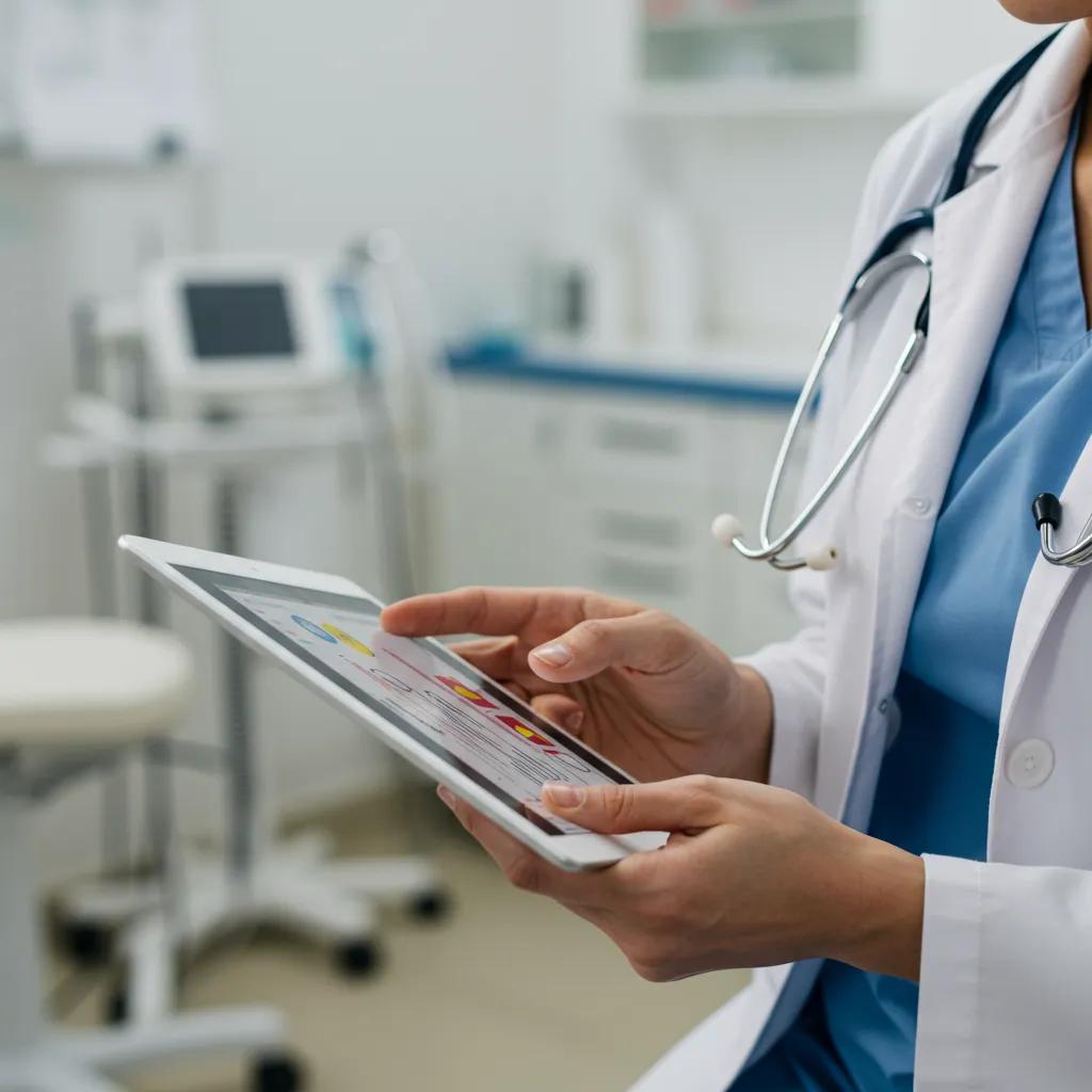 Healthcare provider reading patient reviews on a tablet, emphasizing the importance of online feedback for trust and rankings