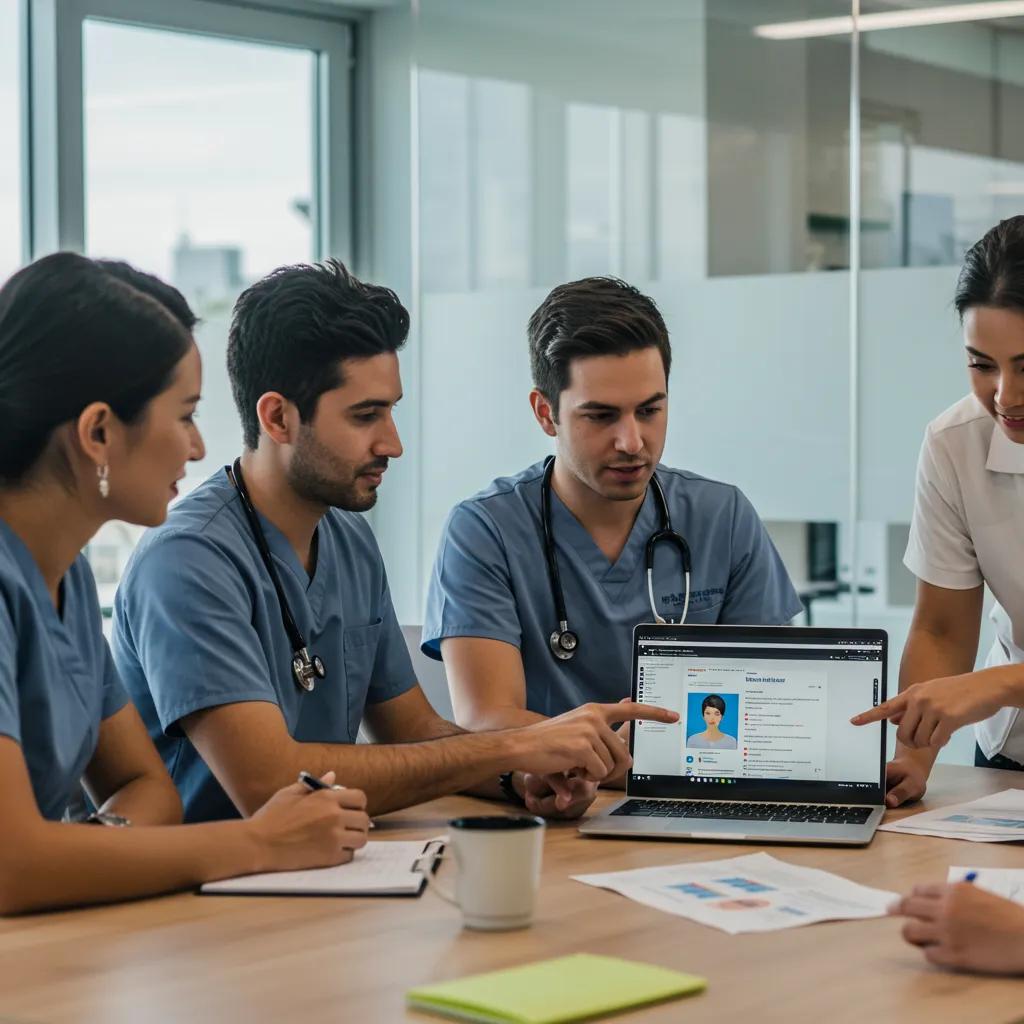Healthcare team discussing patient feedback and best practices, reviewing online reviews on a laptop, with medical professionals in scrubs and stethoscopes engaged in collaborative dialogue.