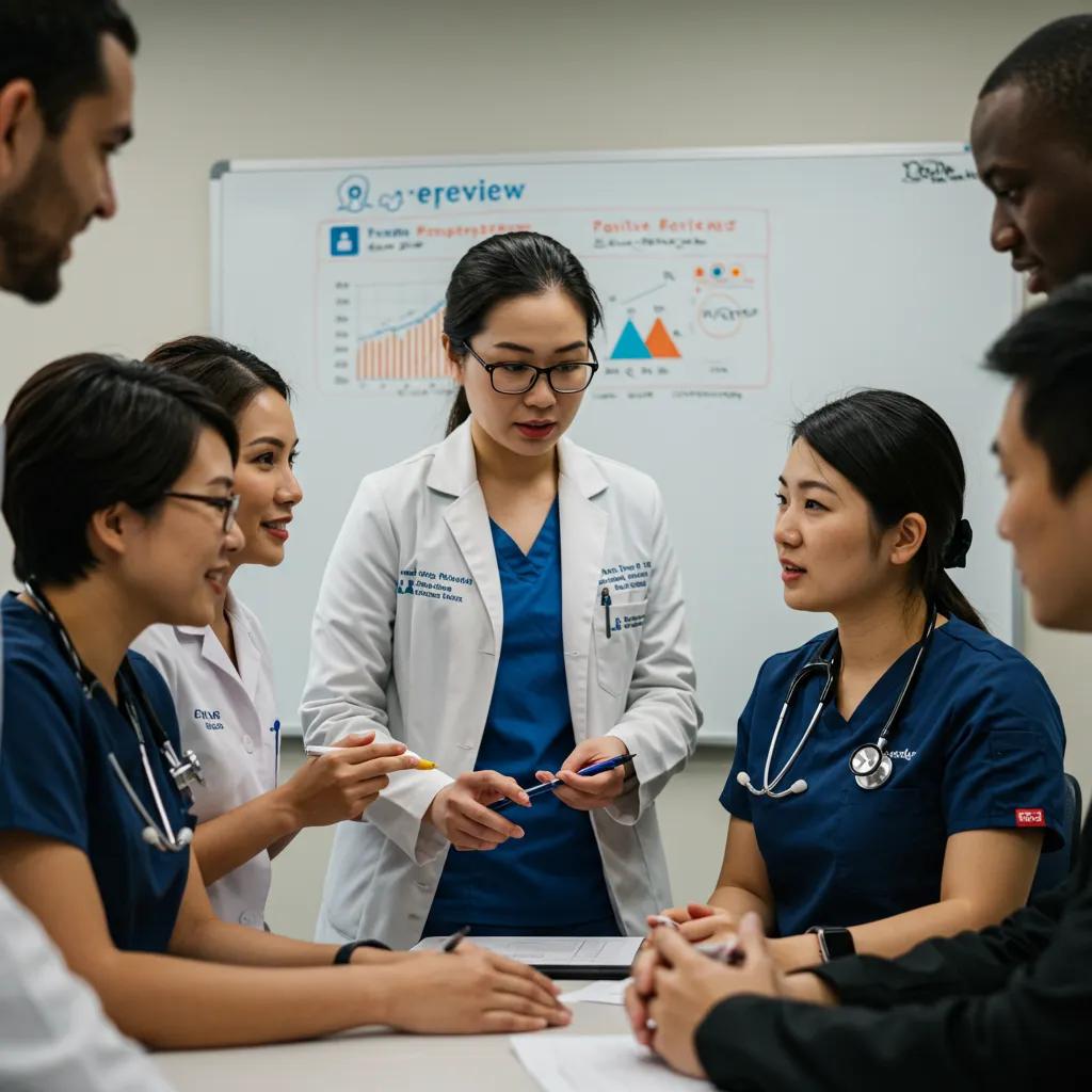 Healthcare team discussing patient feedback and reviews in a collaborative environment, focusing on professionalism and trust.