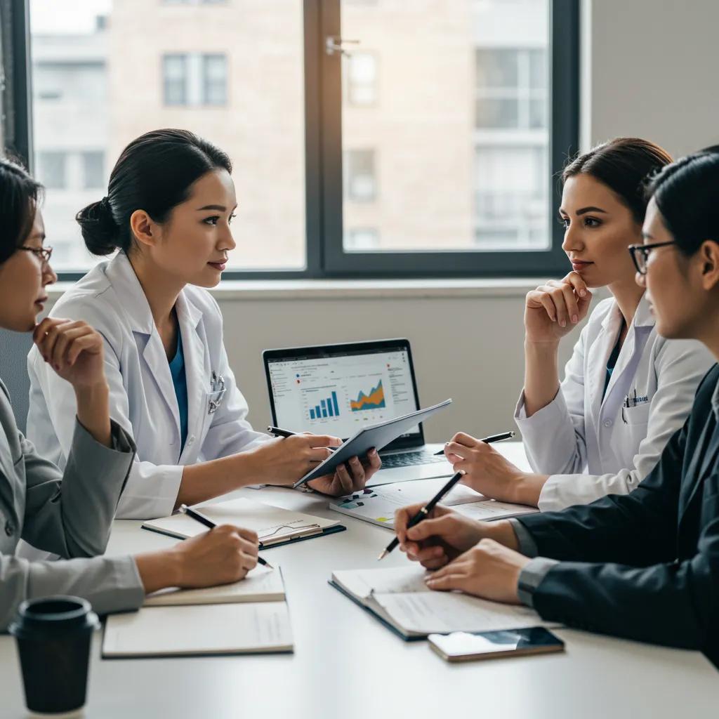 Healthcare team discussing strategies for responding to negative patient reviews in a collaborative office setting, with charts on a laptop illustrating performance metrics.