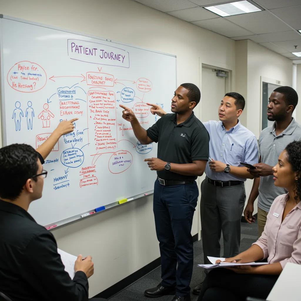 Healthcare team mapping out patient journey stages on a whiteboard