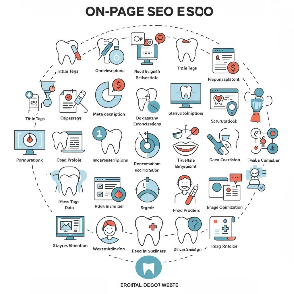 Illustration of on-page SEO elements for dental websites, including title tags, meta descriptions, and structured data