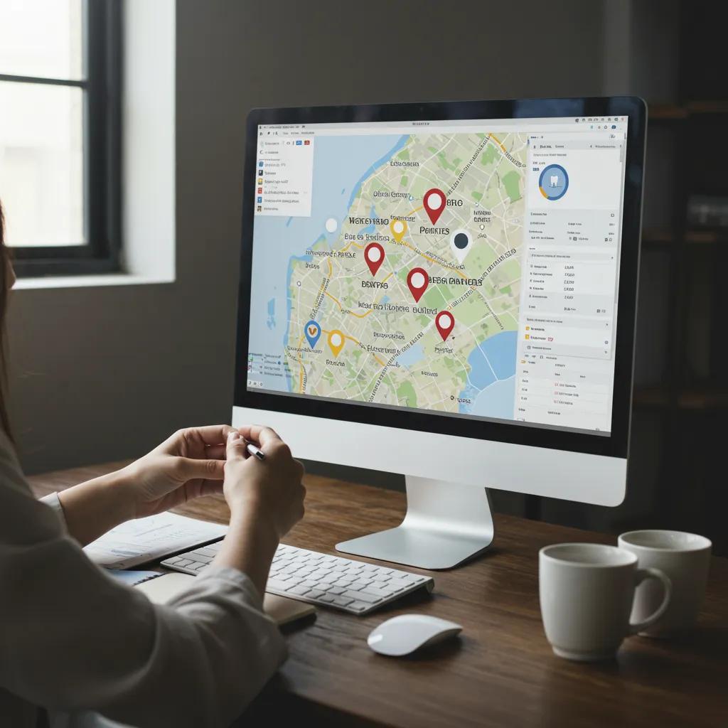 Map highlighting dental practices with local SEO analytics on a computer screen