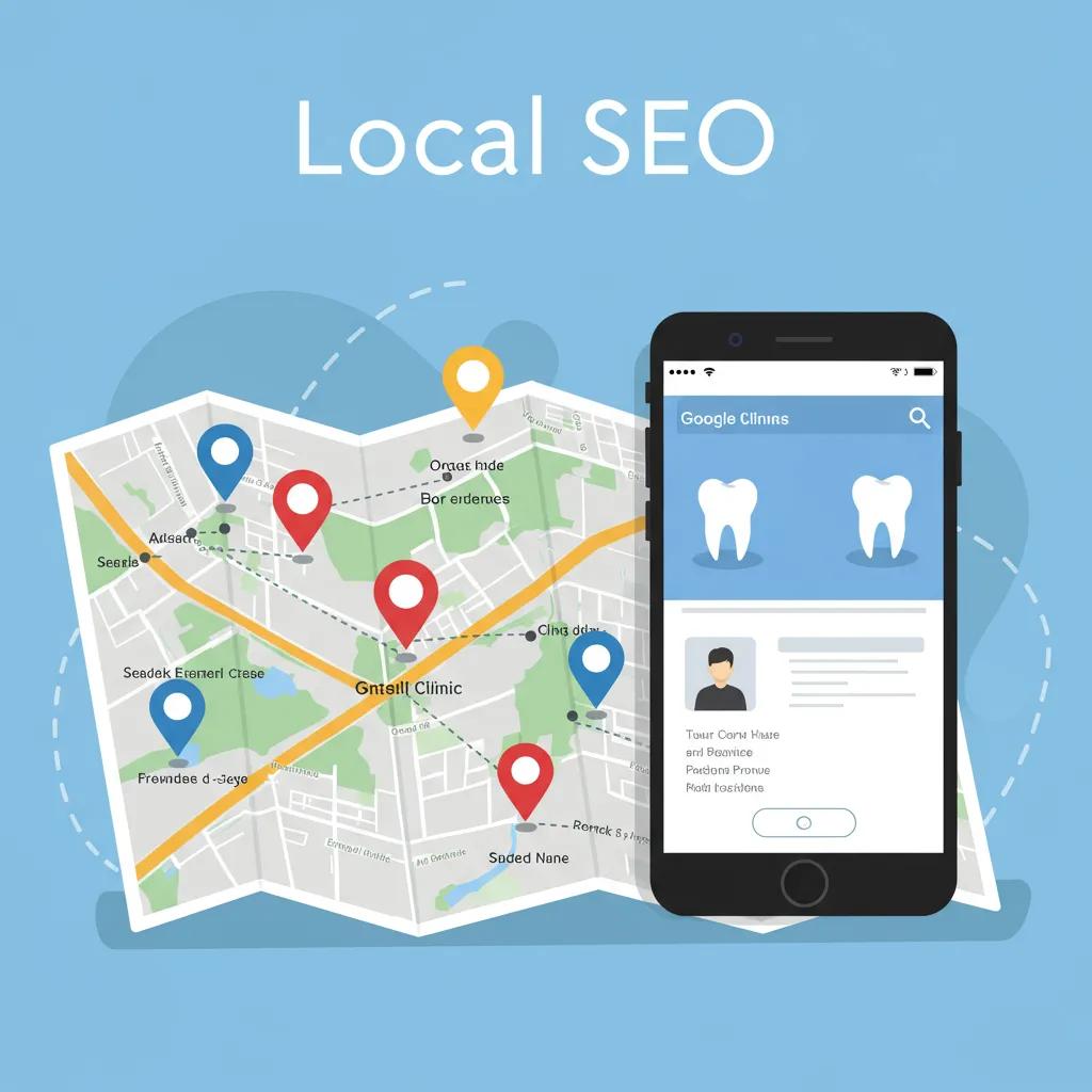 Map showing dental clinic locations and a smartphone with Google Business Profile, highlighting local SEO strategies