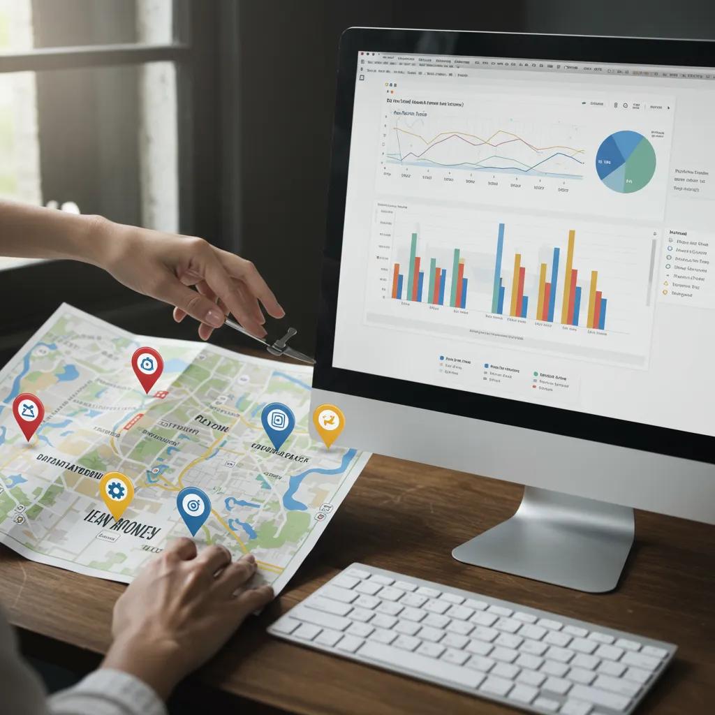 Map showing dental practices with local SEO analytics on a computer screen