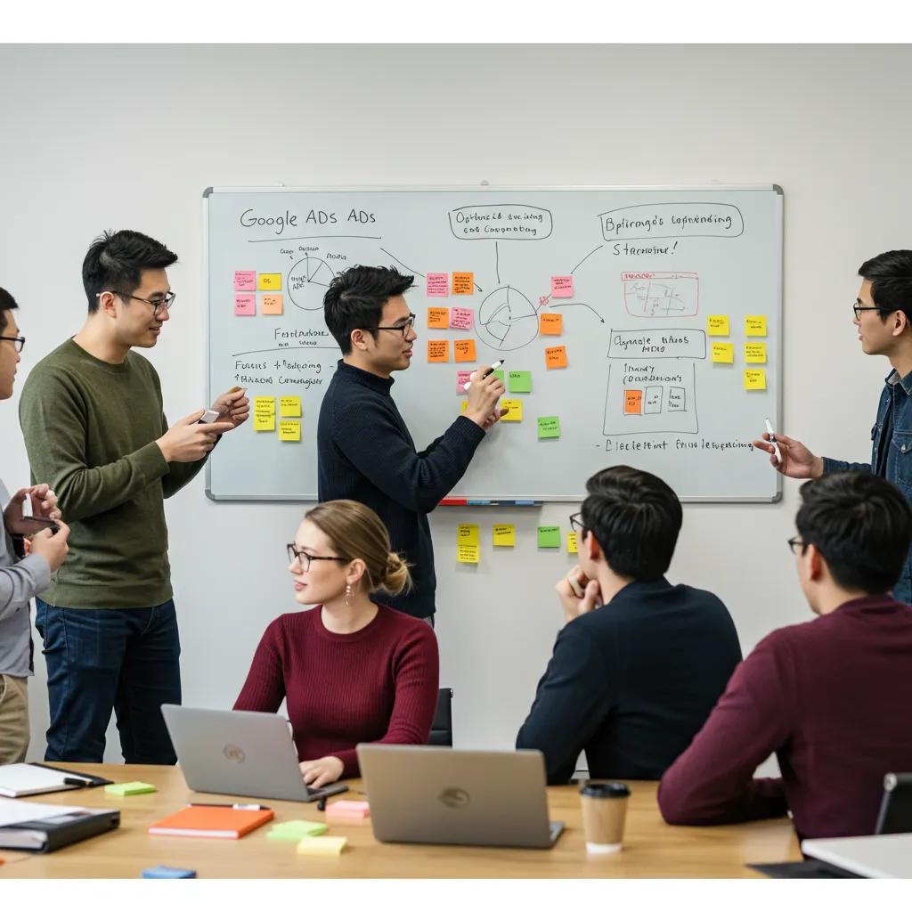 Marketing team brainstorming strategies for optimizing Google Ads campaigns, emphasizing collaboration and creativity