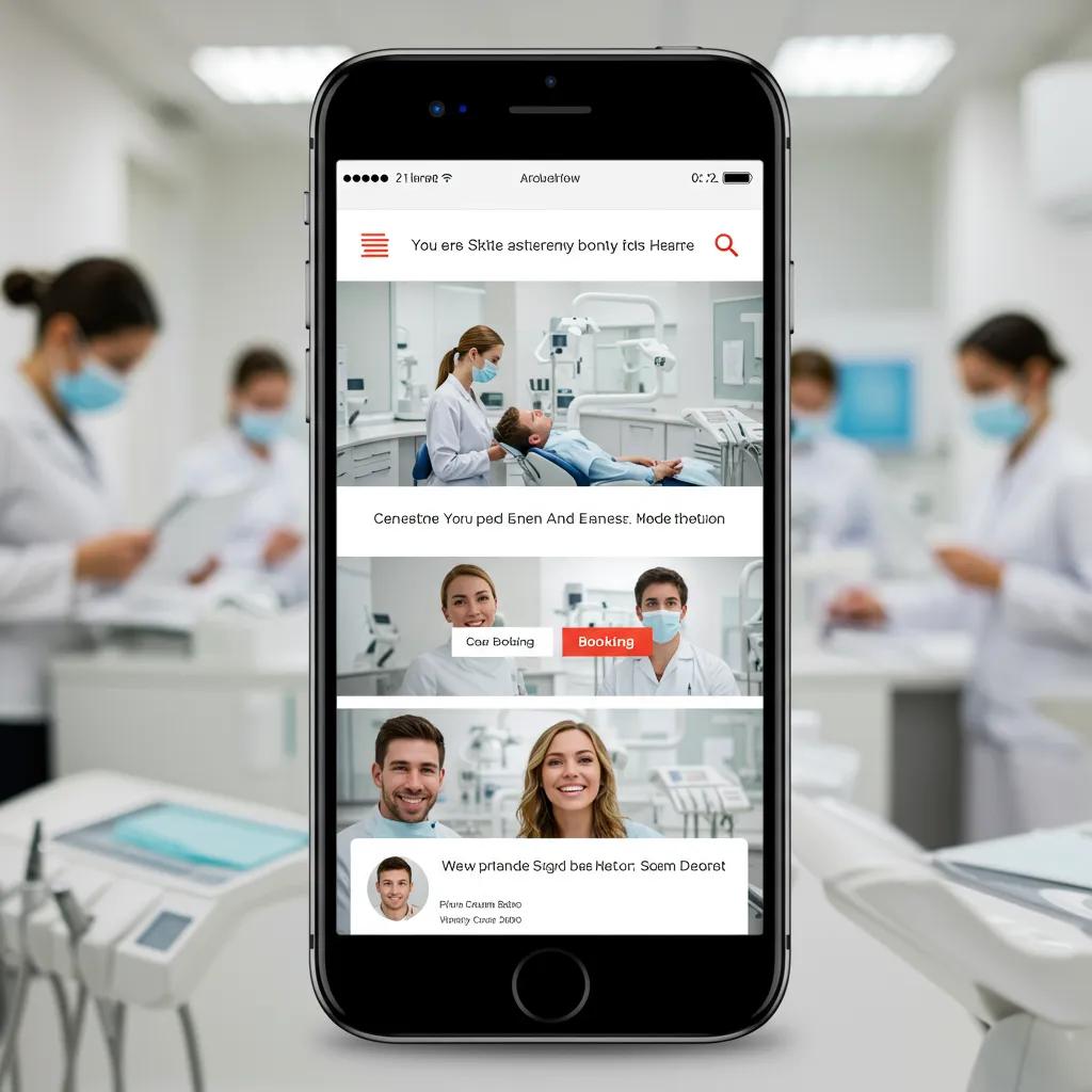 Mobile-friendly dental website interface on a smartphone in a dental clinic