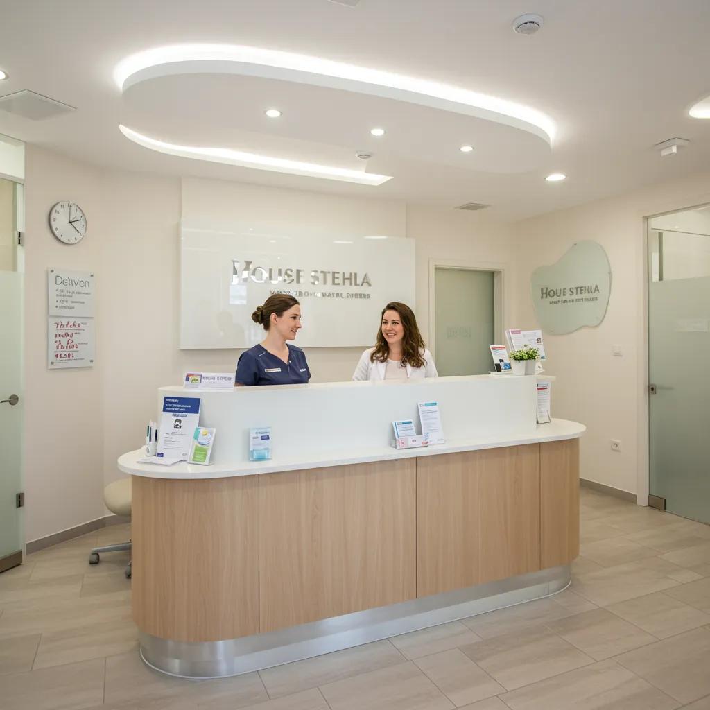 Modern dental clinic reception area with friendly staff and patients