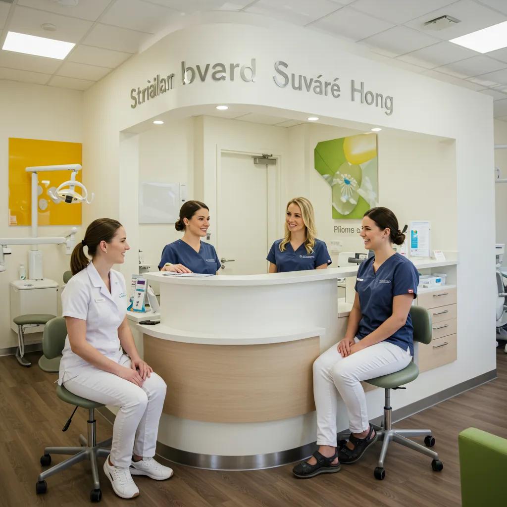 Modern dental clinic reception with friendly staff and patients, emphasizing local search optimization for dental practices