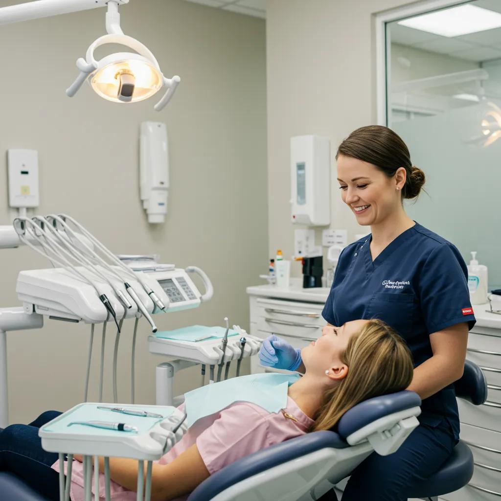 Modern dental clinic with a dentist and patient interaction, highlighting professionalism and care