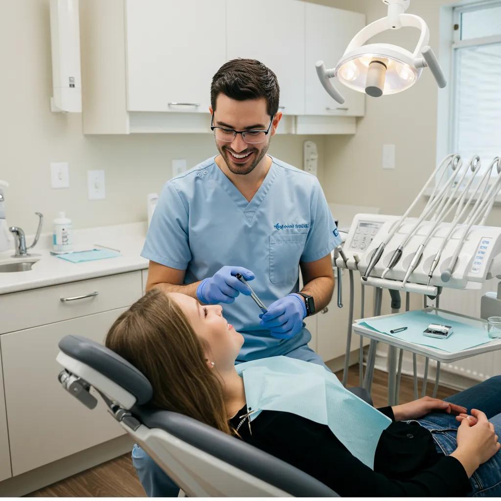 Modern dental clinic with a friendly dentist and patient interaction, emphasizing local SEO strategies