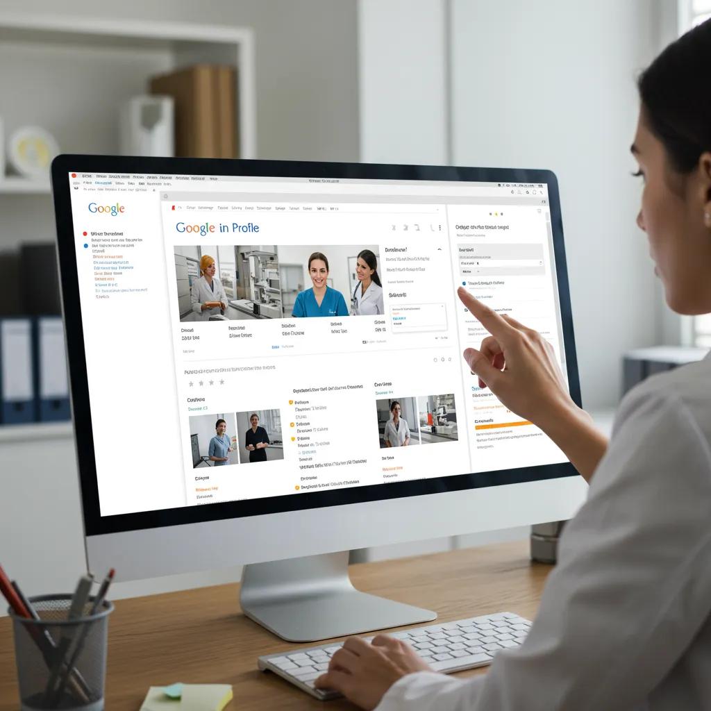 Profile Management for Medical Specialists Optimized Google Business Profile displayed on a computer screen in a medical office
