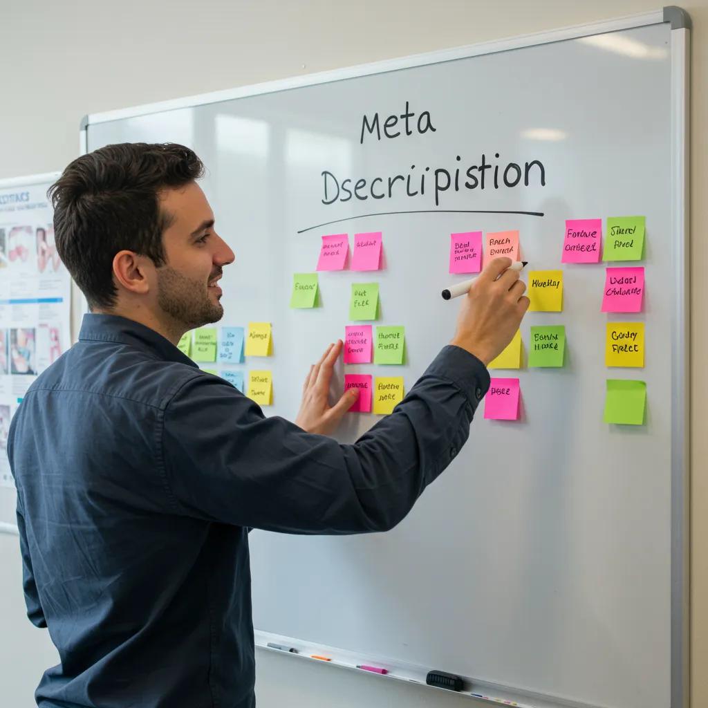 Person brainstorming meta descriptions on a whiteboard in a modern office, surrounded by dental marketing materials