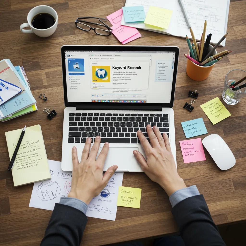 Person conducting keyword research for dental SEO, with notes and dental materials in a bright workspace