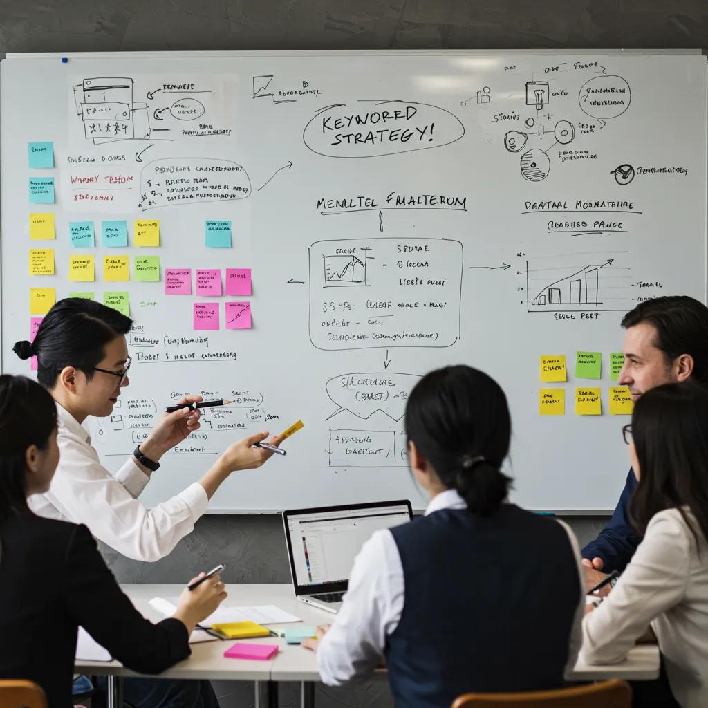 Team brainstorming keyword strategies for dental marketing in a collaborative environment