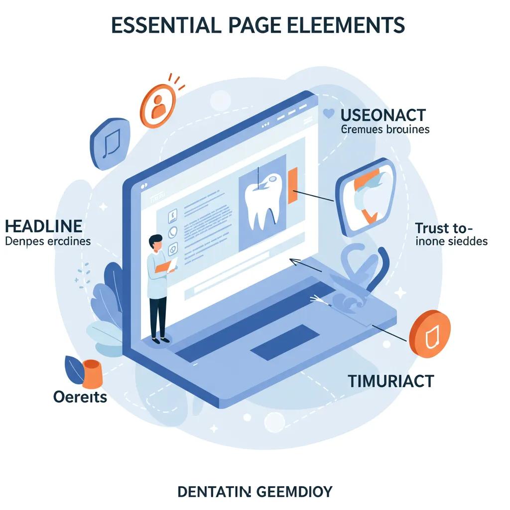 Visual representation of core elements of effective dental landing pages, emphasizing conversion-driving components