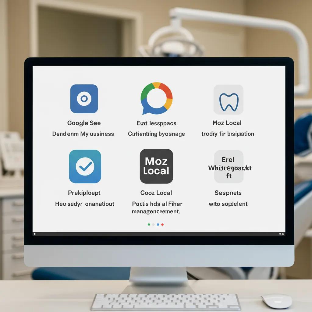 Visual representation of local SEO tools for dentists, including Google My Business and Moz Local