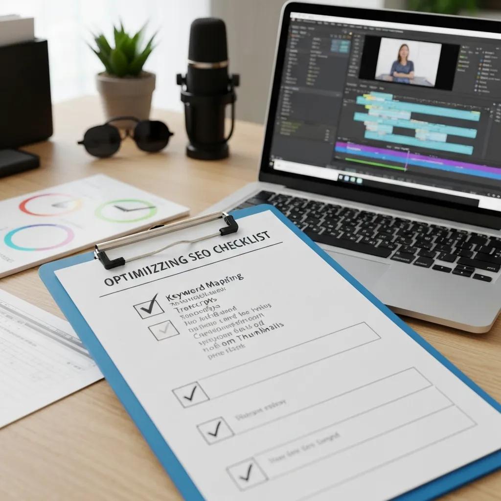Optimising SEO checklist on a clipboard with checked items, laptop displaying video editing software, microphone, and charts on a desk, illustrating video SEO best practices for healthcare clinics.