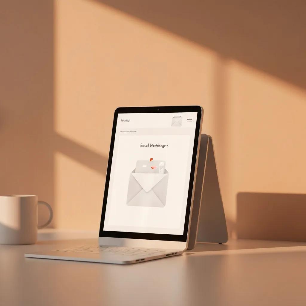 Close-up of a laptop displaying an email marketing interface with an envelope graphic, set in a modern office environment with warm lighting and a coffee cup nearby.