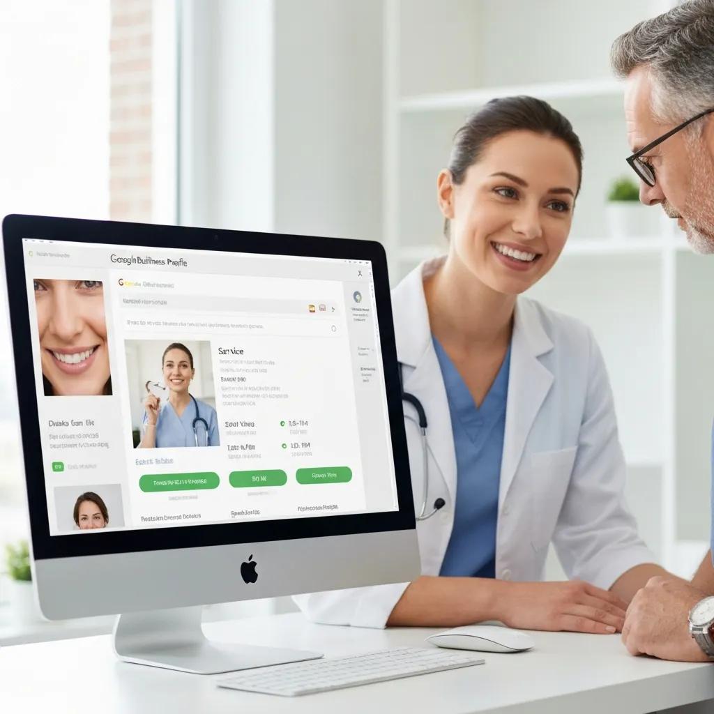 Close-up of a Google Business Profile for a dental clinic, featuring a smiling dentist interacting with a patient, showcasing optimisation strategies for local SEO and digital marketing in healthcare.