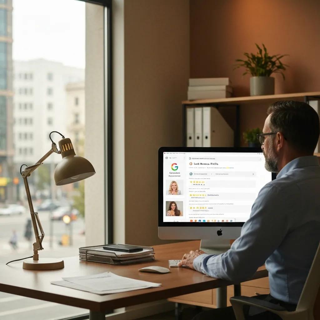 Man reviewing Google Business Profile for a dental practice on a computer, emphasising local SEO strategies for improved patient acquisition.