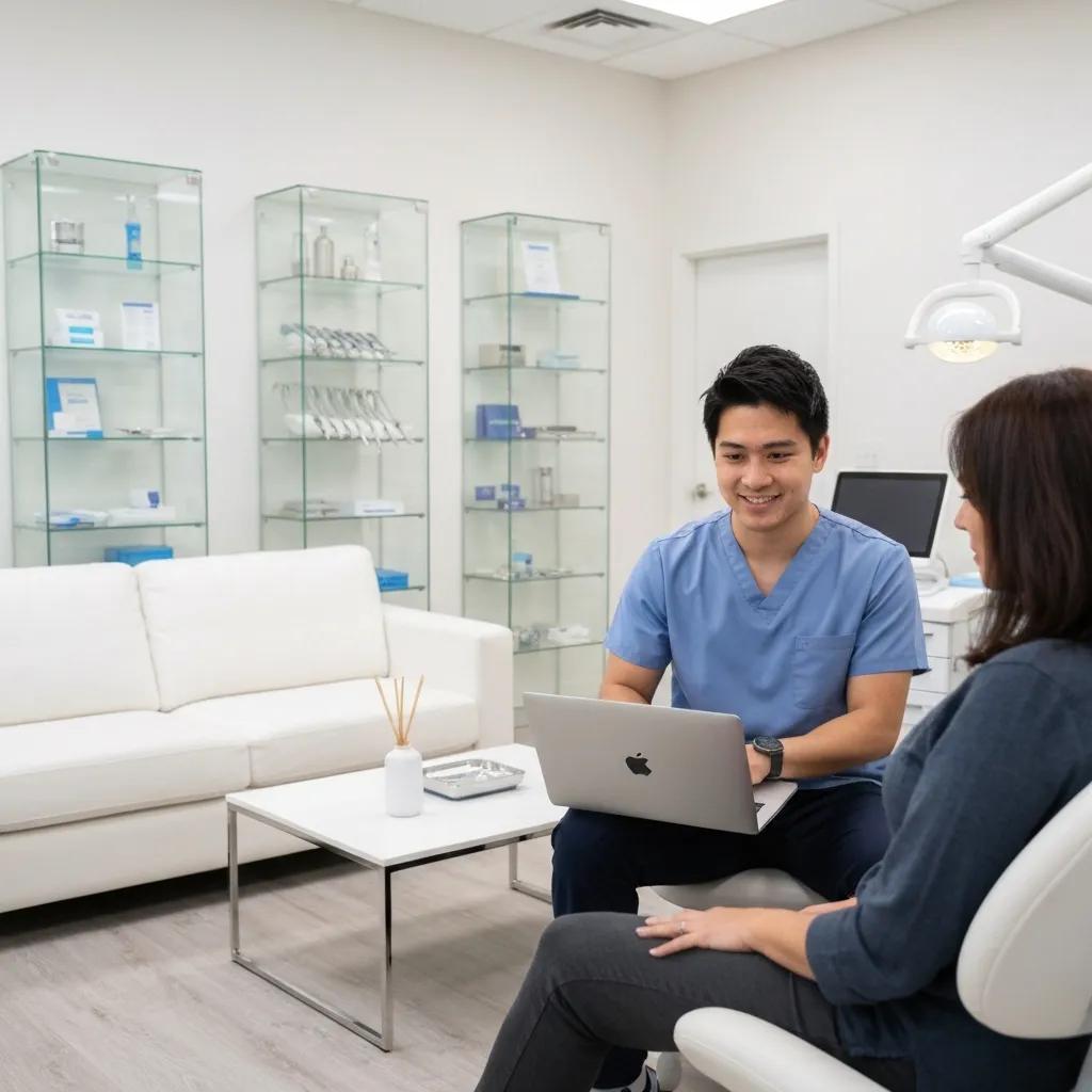 Dental receptionist using online booking and CRM on a clinic computer
