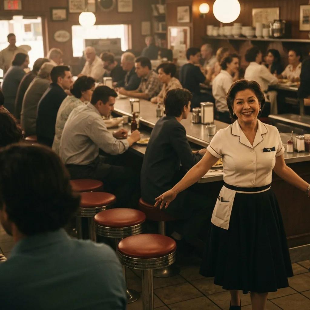 Friendly waitress welcoming customers in a bustling diner with patrons enjoying meals at the counter, highlighting a vibrant dining atmosphere.