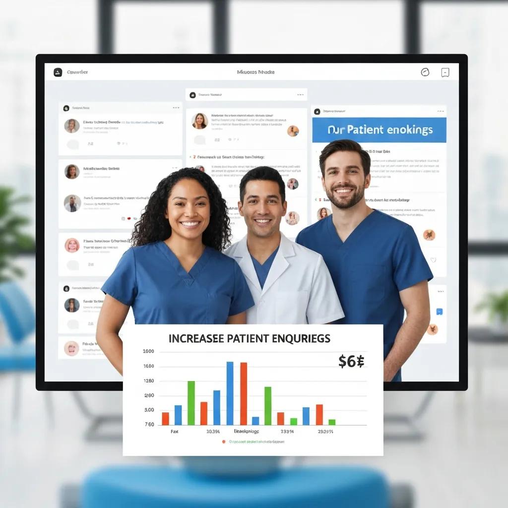Dental clinic team celebrating increased patient enquiries, showcasing success from influencer marketing, with a data chart displaying growth metrics.