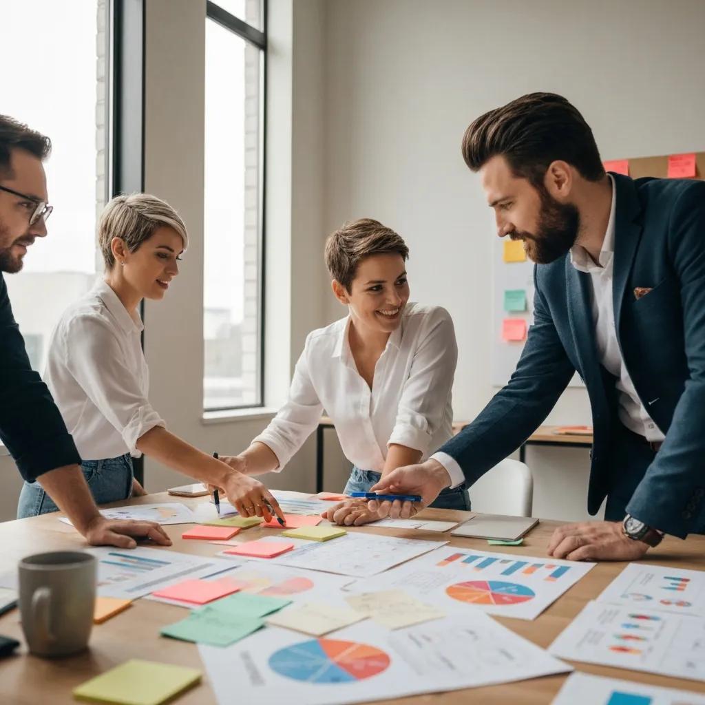 Dental marketing team collaborating on patient persona development, analysing charts and strategies in a modern office setting.