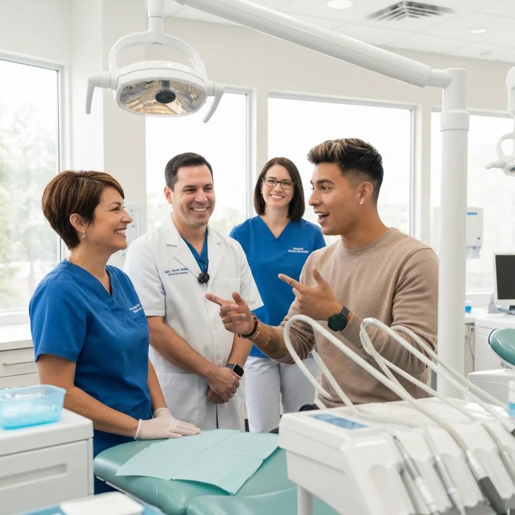 Dental practice team engaging with local influencer in clinic, showcasing collaboration and community trust, emphasising influencer marketing for patient attraction.