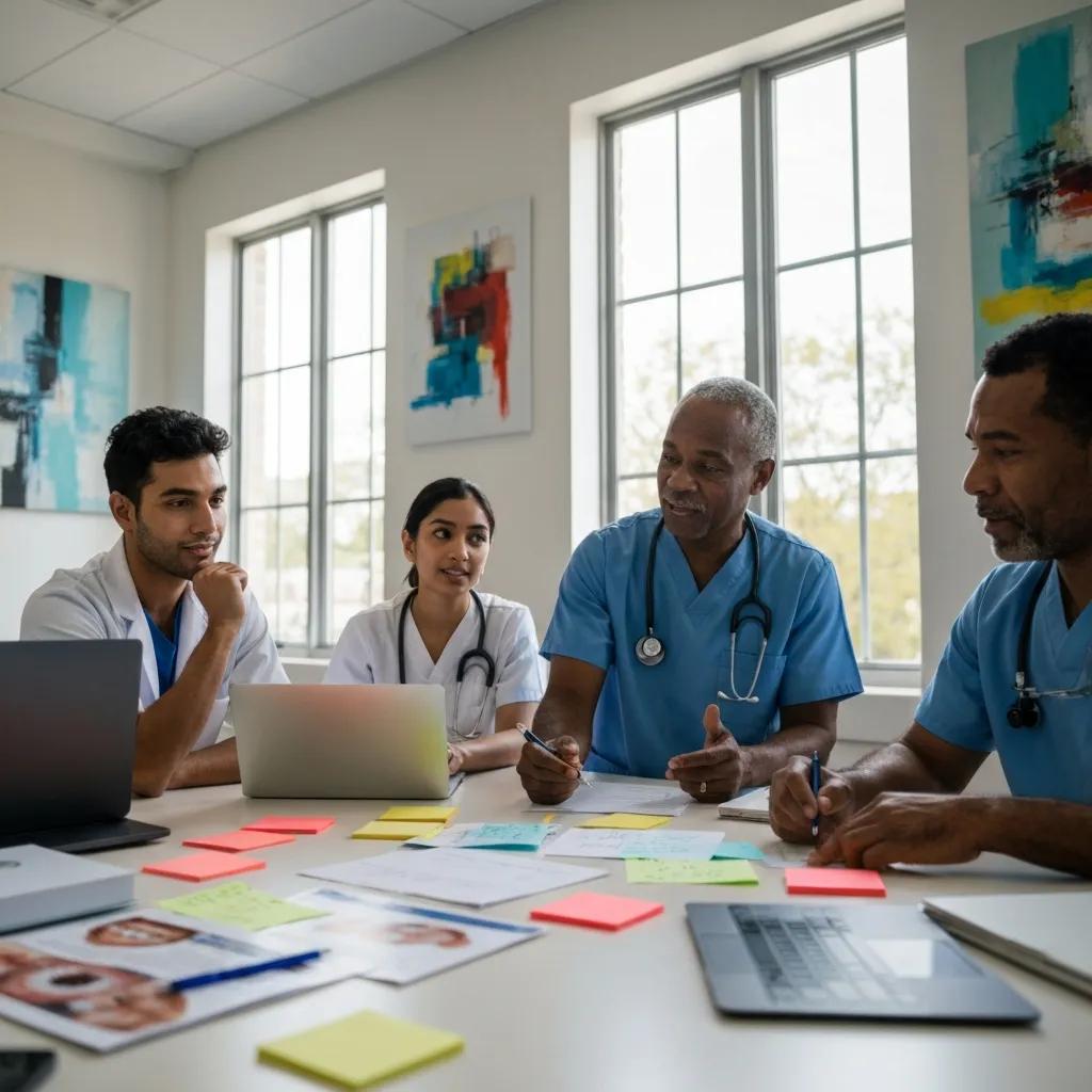 Dental team collaborating on content marketing strategies in a bright, modern workspace, with laptops and notes on the table.