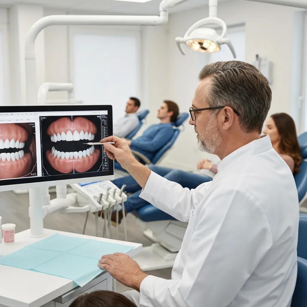 Dentist using AI imaging tools to enhance diagnostics, analysing dental radiographs on a monitor, with patients seated in dental chairs in a modern practice setting.