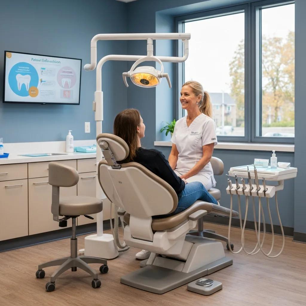 Dental consultation scene in a modern dentist's office, featuring a dentist in scrubs interacting with a patient in a dental chair, with dental tools and educational screen displaying patient information in the background.