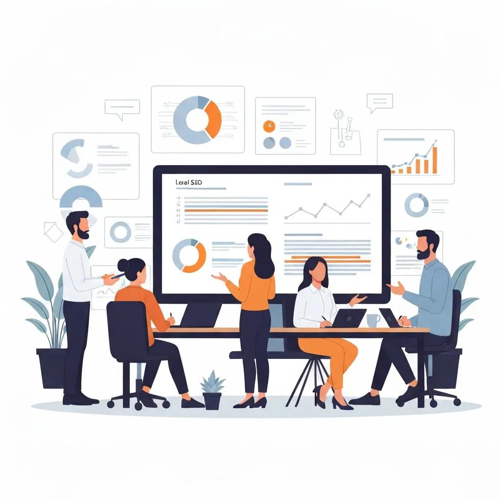 Digital marketing team analysing local SEO strategies, focused on healthcare patient acquisition, with charts and graphs displayed on a large screen.