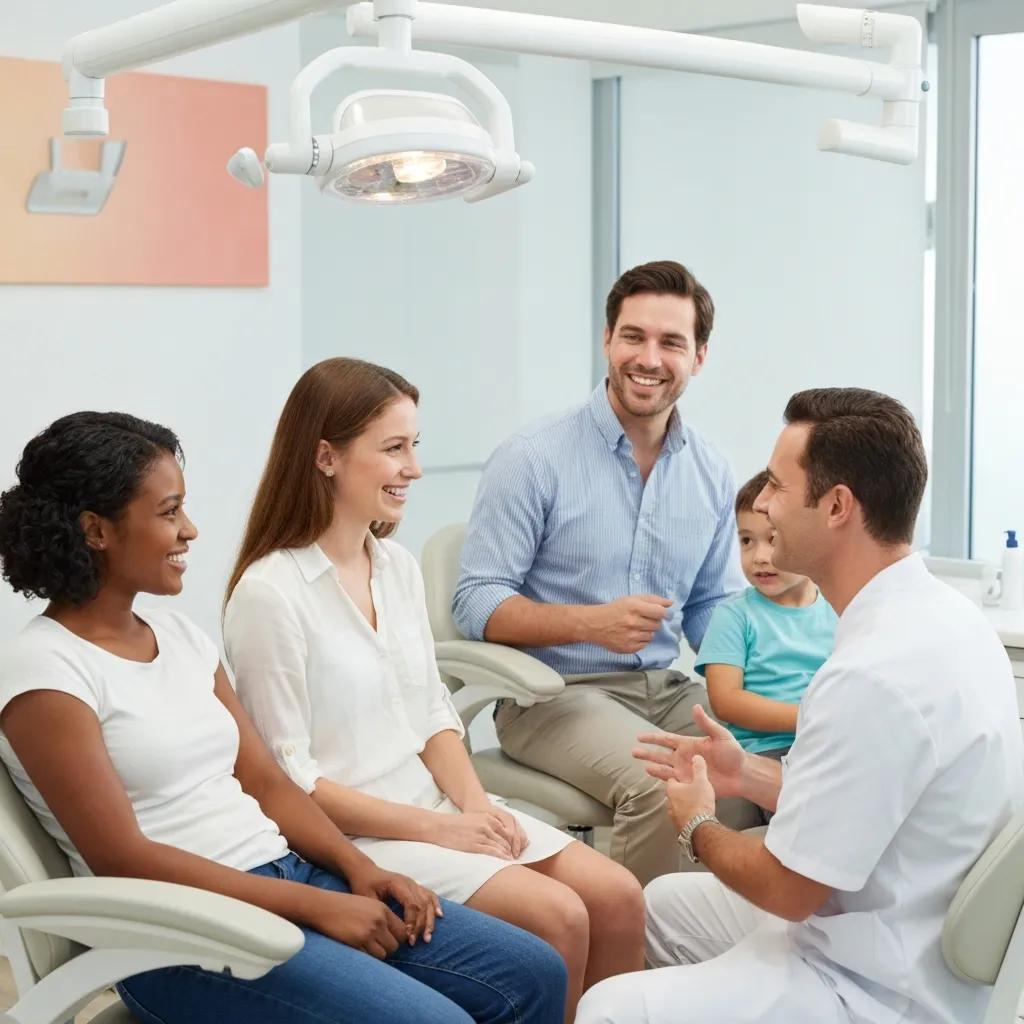 Diverse dental patients engaging with a friendly dentist in a modern clinic, highlighting patient care and communication.