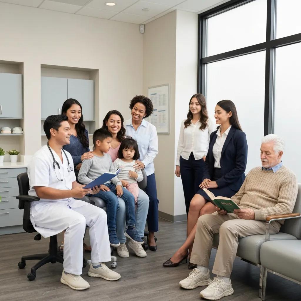 Diverse group of dental patients and a dentist in a dental office, highlighting the importance of understanding patient demographics and needs for effective marketing strategies in Australian dental practices.