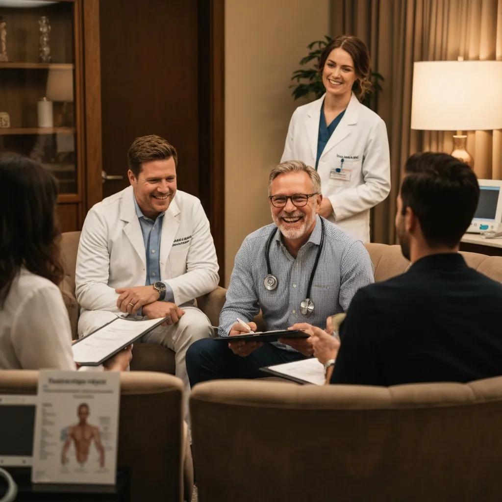 Diverse healthcare professionals and patients engaged in personalized communication in a warm clinic setting, highlighting tailored patient interaction and enhanced healthcare experiences.