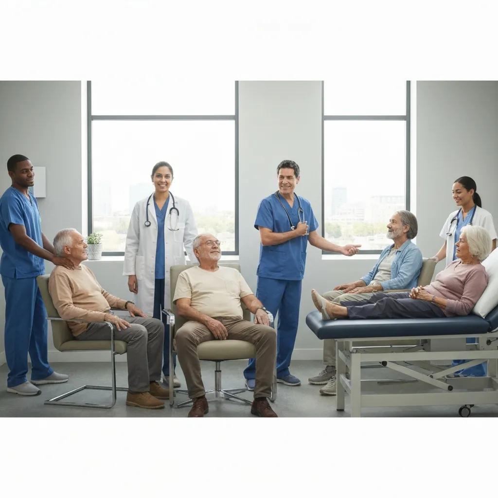 Diverse patients engaging with healthcare professionals in a modern clinic, illustrating the patient journey