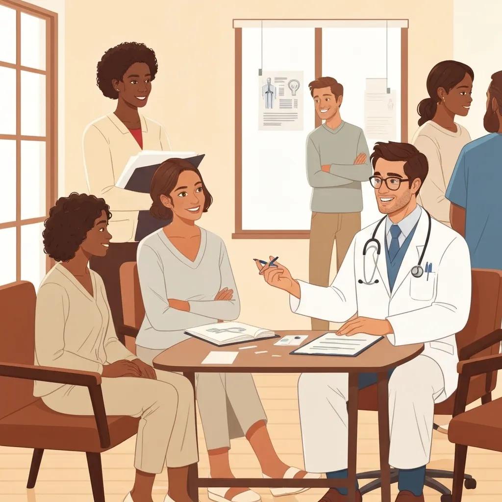 Understanding Patient Behaviour Diverse patients engaging with healthcare professionals in a welcoming clinic setting