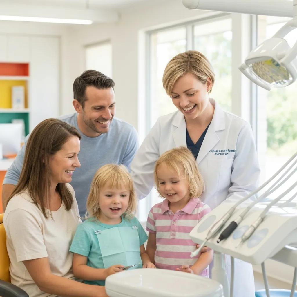 Friendly dentist interacting with a family, including two young children, in a welcoming Australian dental practice setting, highlighting patient engagement and care.