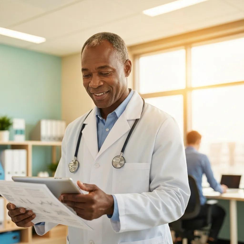 Healthcare marketing professional analyzing data in a modern clinic office