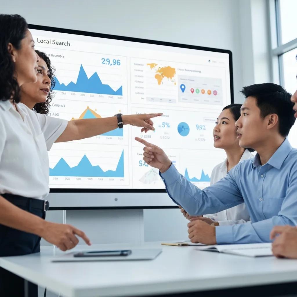 Marketing team mapping local SEO opportunities for a healthcare clinic using maps and analytics