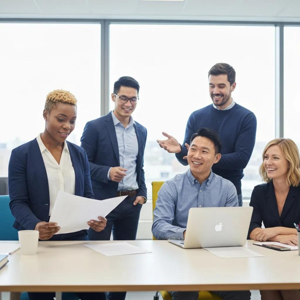 Healthcare marketing team discussing compliance guidelines in a modern office