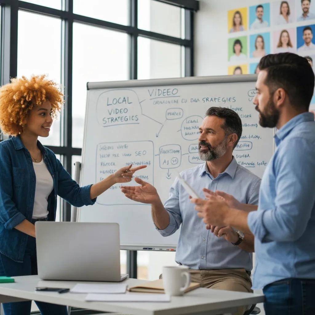 Team discussing local video SEO strategies in a modern office setting, with a whiteboard displaying "Local Video Strategies" and "Video" concepts, laptop on table.