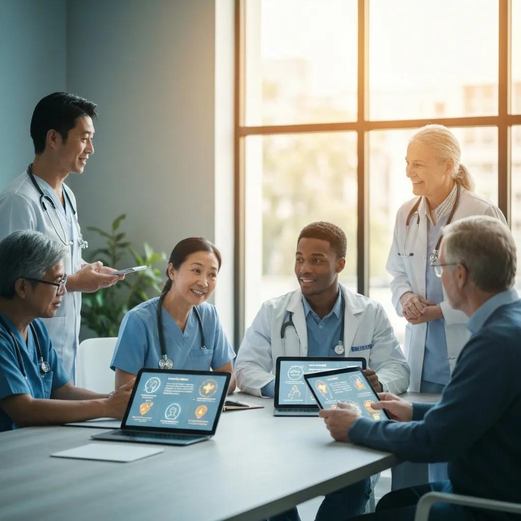 Healthcare practitioners collaborating on online reputation management strategies in a modern clinic, discussing patient trust and review monitoring, with tablets displaying relevant data.