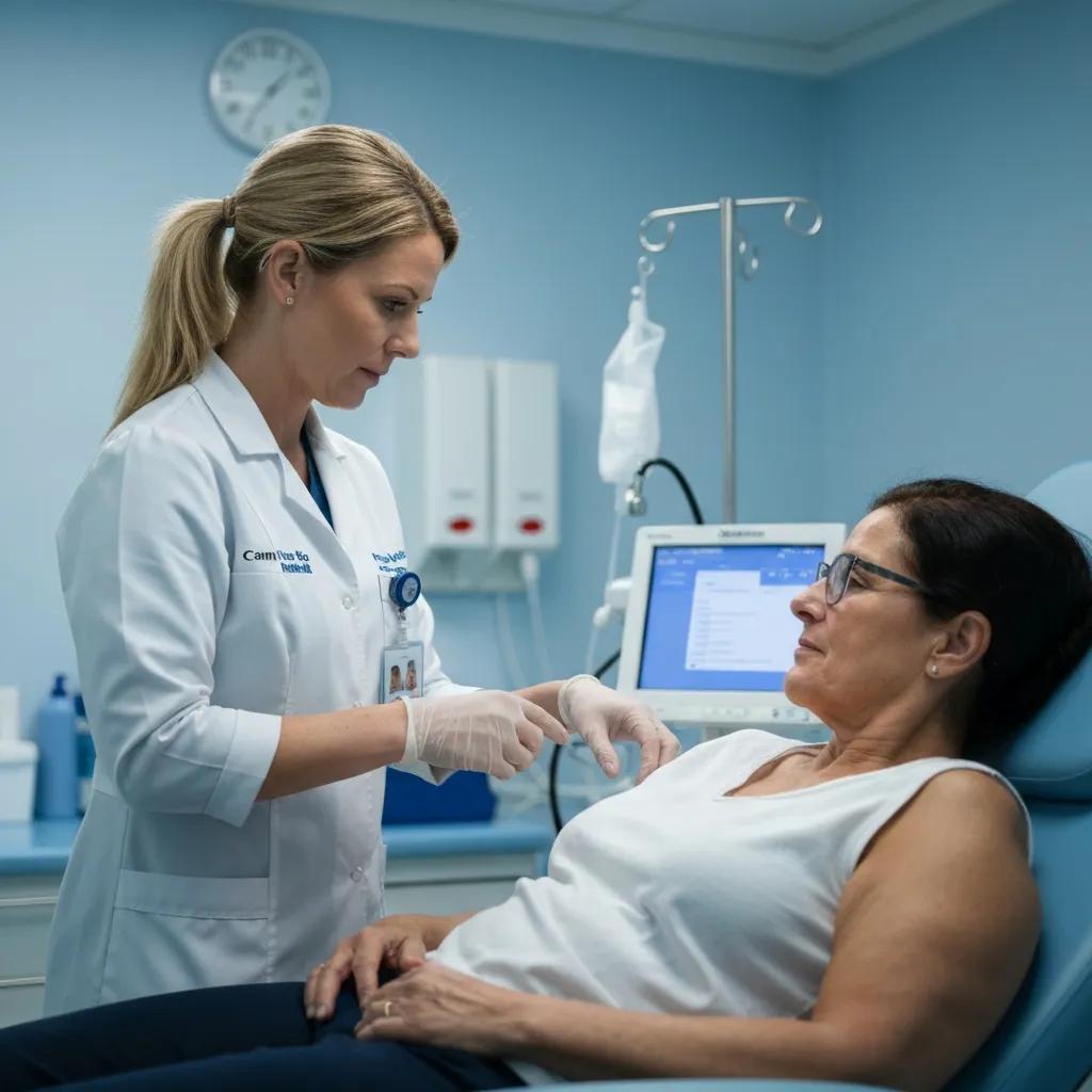 Healthcare practitioner discussing patient consent with a female patient in a clinical setting, emphasising the importance of informed consent for marketing activities in Australian healthcare.