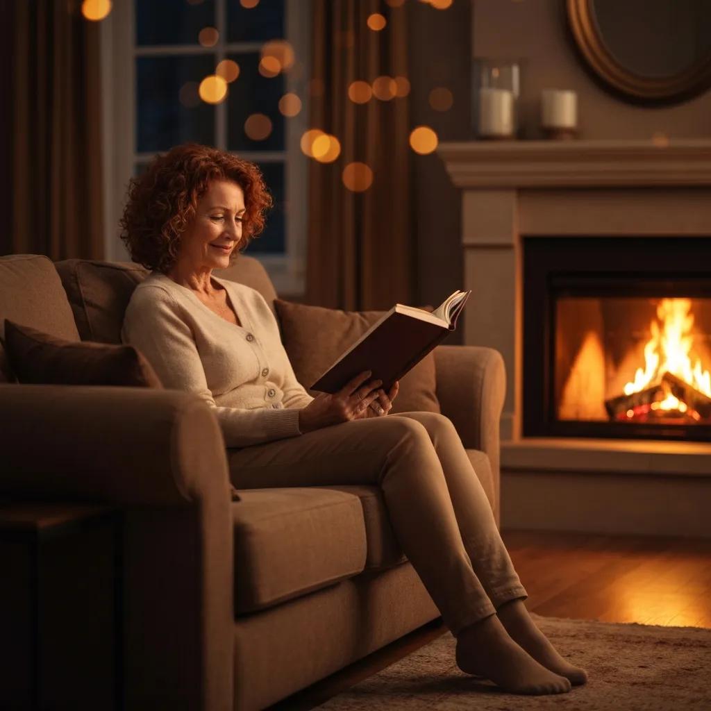 Woman reading a book in a cozy living room with a fireplace, creating a warm and inviting atmosphere.