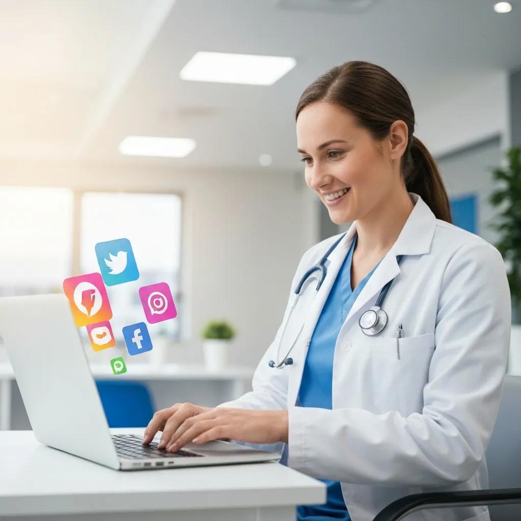 Healthcare professional in a modern clinic setting, engaging with social media platforms on a laptop, demonstrating social media advertising strategies for patient outreach.