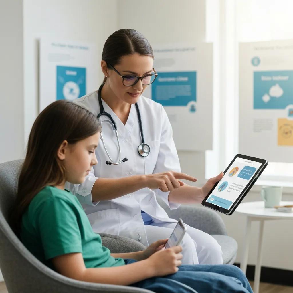 Clinician showing an interactive symptom quiz on a tablet with a patient — engaging and informative