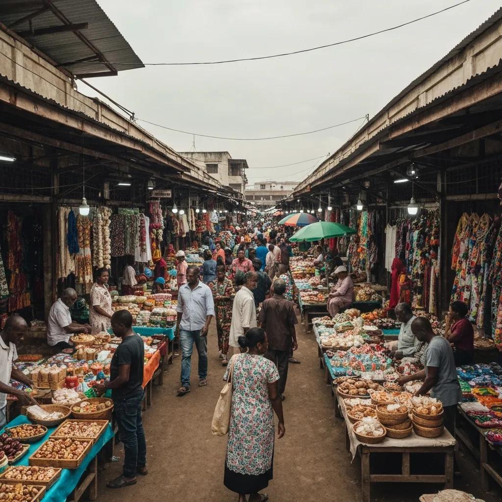 Crowded market scene with vendors selling various goods, shoppers browsing stalls filled with colourful textiles and food items, under a cloudy sky.